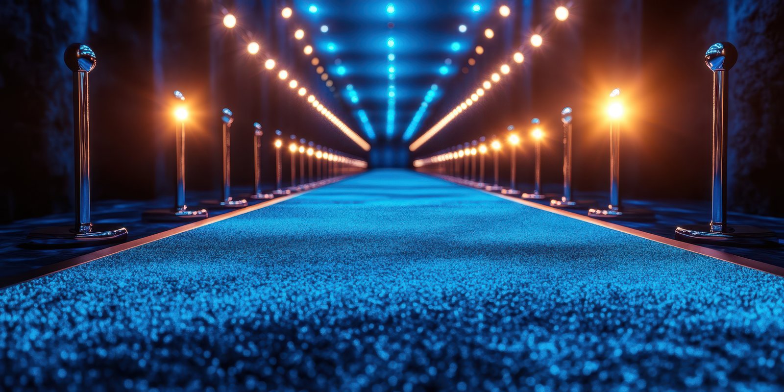 Luxurious runway lit by striking blue lights creating an elegant atmosphere for fashion events and showcases